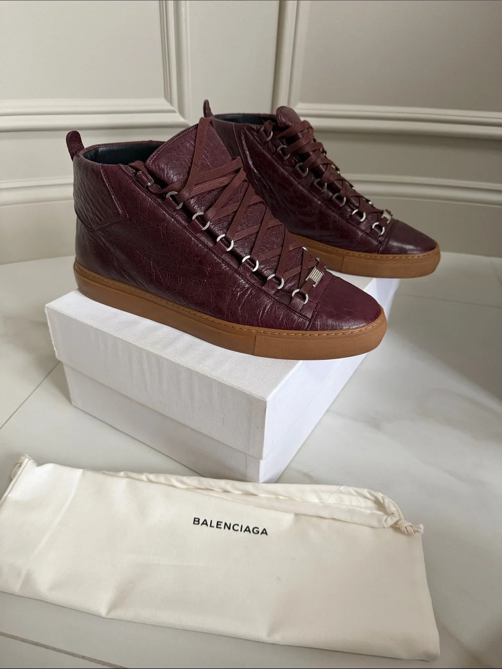 Balenciaga Arena Men's Burgundy Leather High-Top Sneakers with Gum Sole